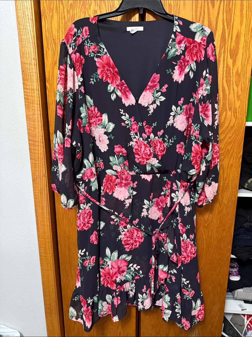 Black Floral V-Neck Wrap Dress with Pink Roses